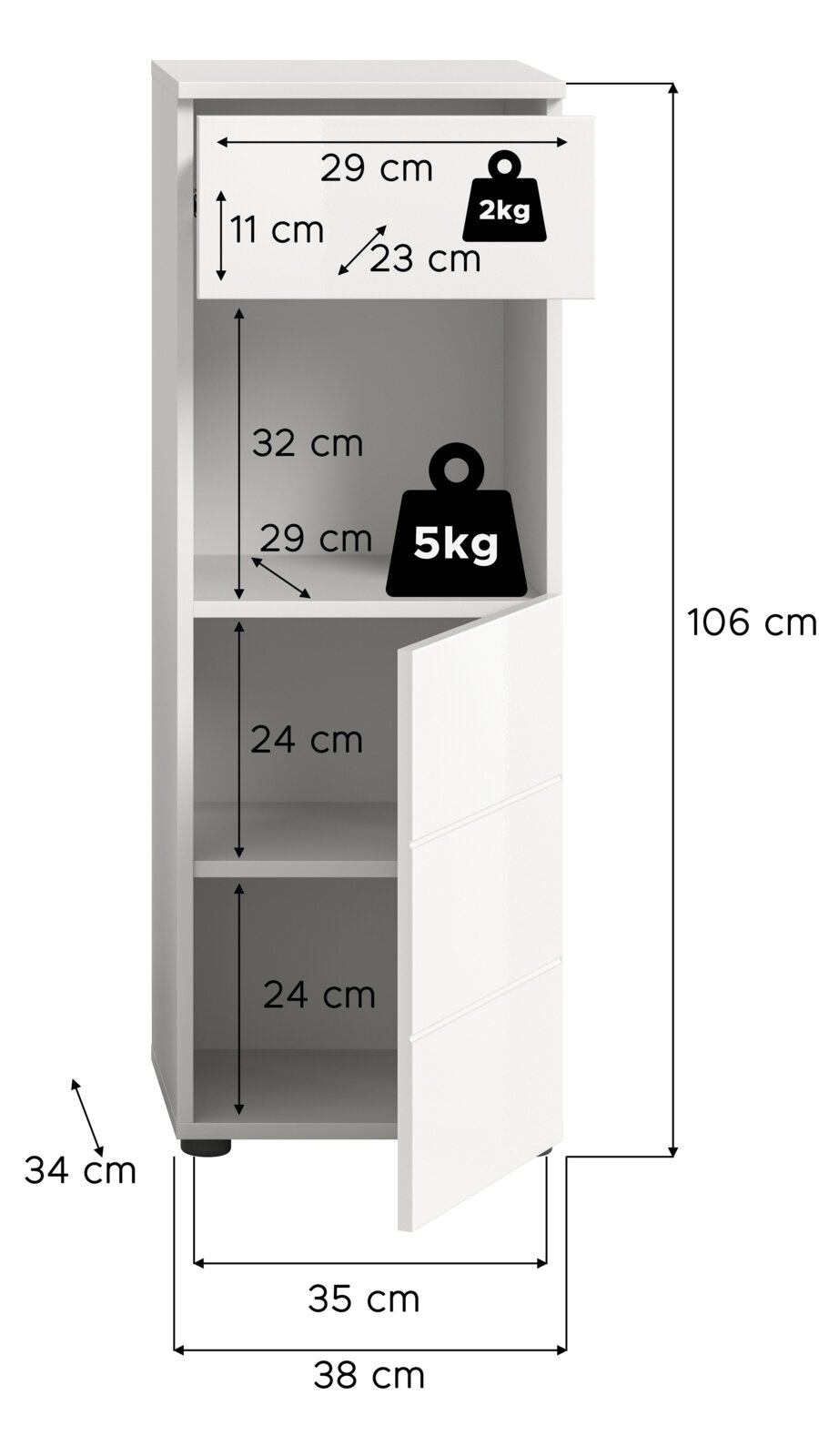 Weißer Standschrank mit einer Höhe von 106 cm, einer Breite von 38 cm und einer Tiefe von 34 cm. Der Schrank hat eine Schublade oben mit einer Traglast von 2 kg und zwei Fächer darunter mit einer Traglast von 5 kg. Die Perspektive zeigt den Schrank von vo