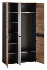 Offener XXL-Schuh- und Garderobenschrank mit mehreren Regalböden und Kleiderstange, Perspektive von vorne.