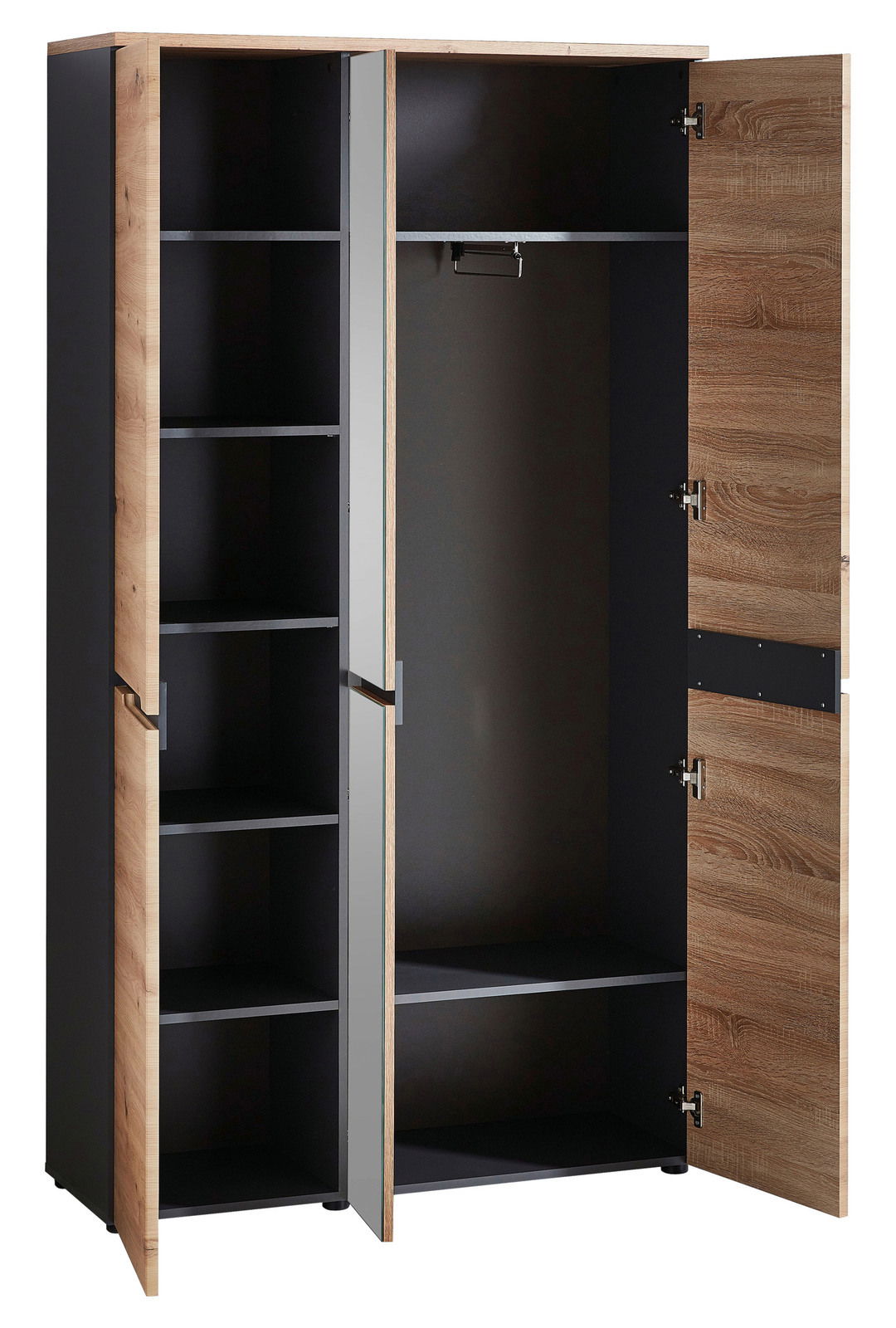 Offener XXL-Schuh- und Garderobenschrank mit mehreren Regalböden und Kleiderstange, Perspektive von vorne.