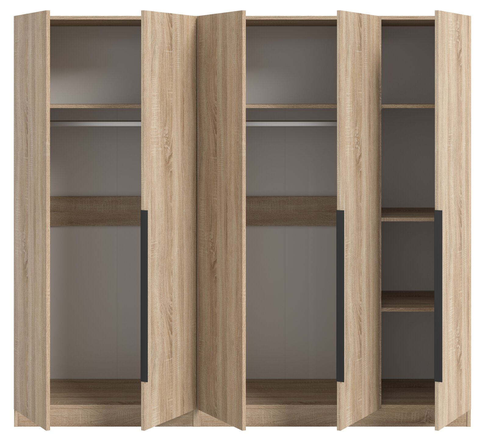 Offener Kleiderschrank in heller Holzoptik mit drei Türen, Kleiderstange und Einlegeböden, Frontansicht