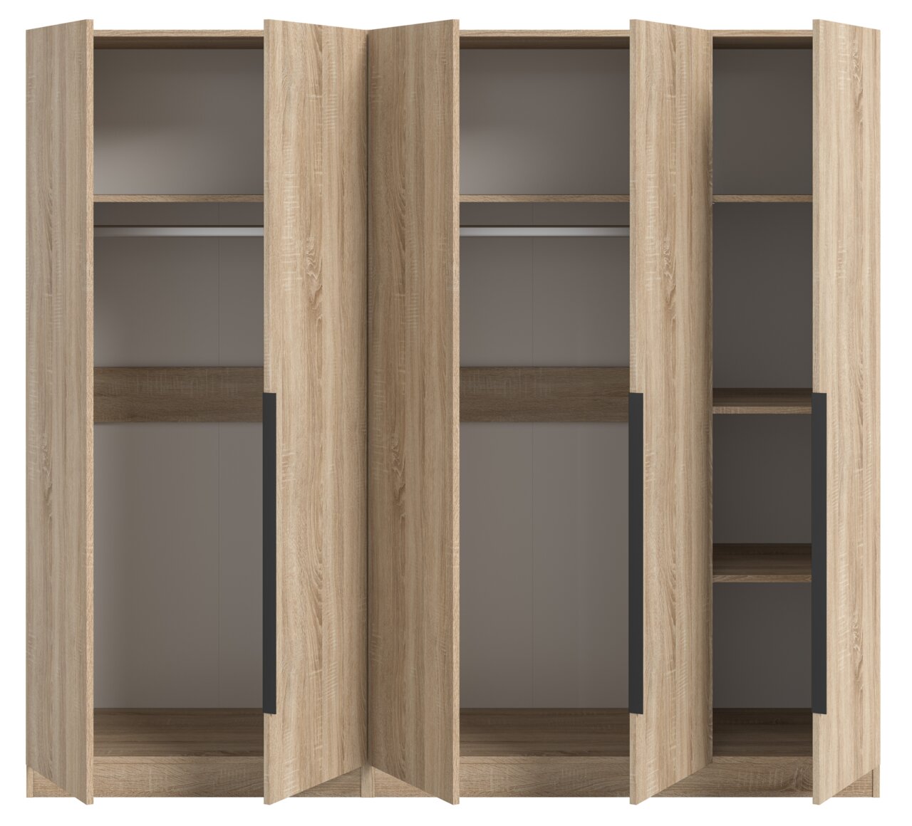 Offener Kleiderschrank in heller Holzoptik mit drei Türen, Kleiderstange und Einlegeböden, Frontansicht