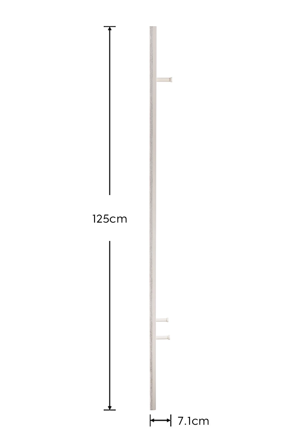 Schmale Wandgarderobe/Leiste mit drei Haken, 125 cm hoch und 7,1 cm breit, Seitenansicht (Profil) auf weißem Hintergrund.