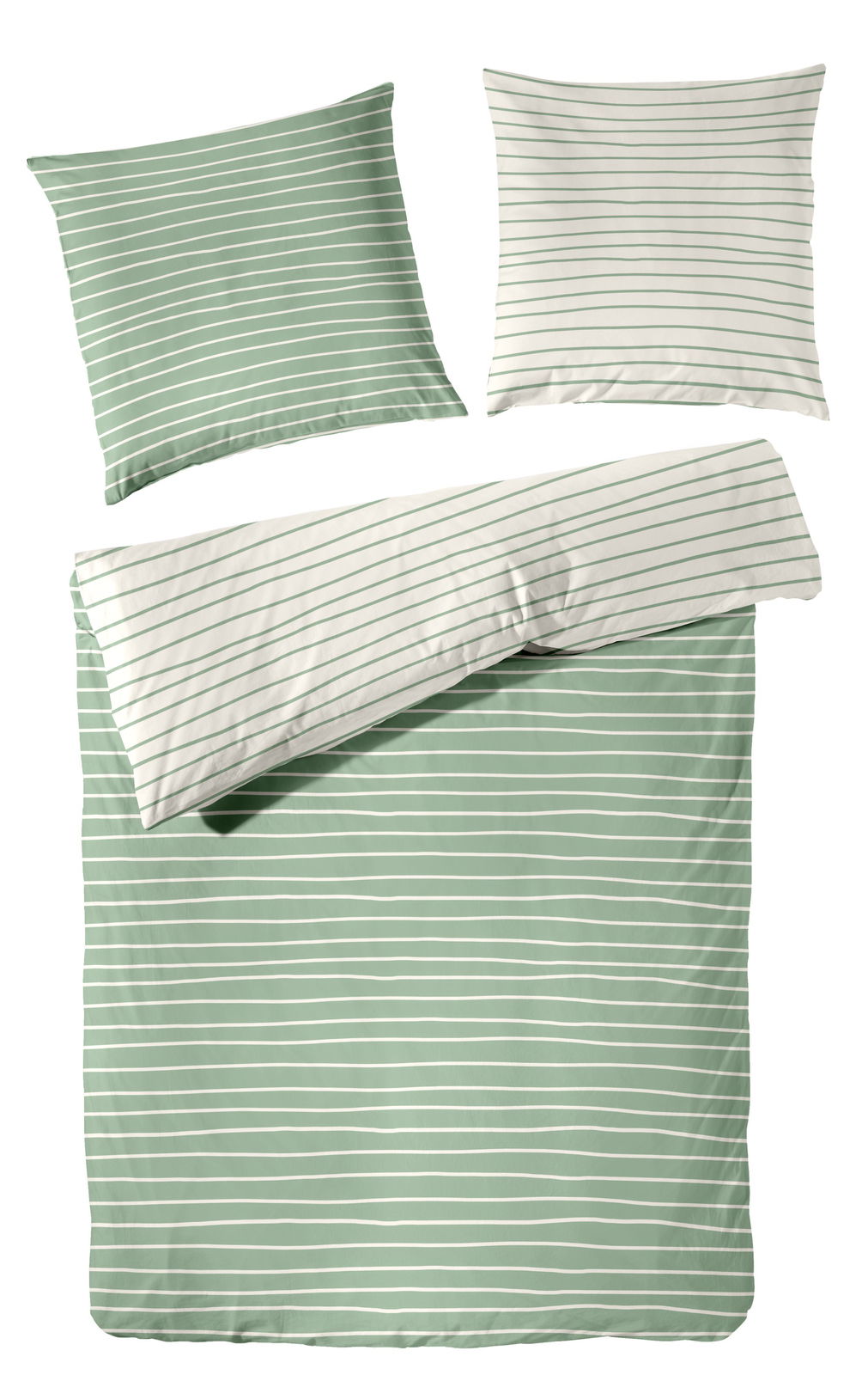 Bettwäsche-Set mit grün-weißen Streifen, bestehend aus einem Bettbezug und zwei Kissenbezügen, aus der Vogelperspektive fotografiert.