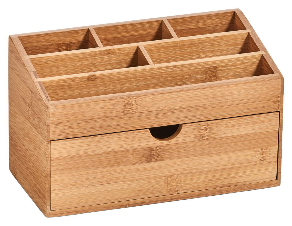 Bambus-Organizer mit mehreren Fächern und einer Schublade, perspektivisch von vorne rechts fotografiert.