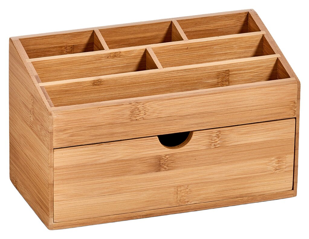 Bambus-Organizer mit mehreren Fächern und einer Schublade, perspektivisch von vorne rechts fotografiert.