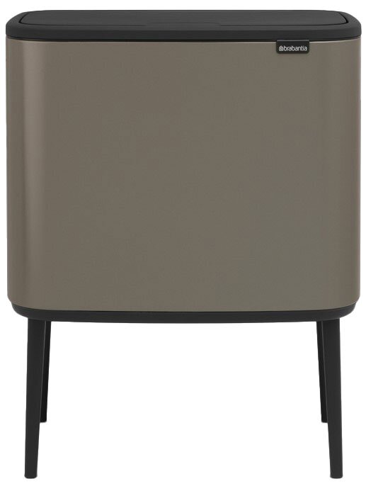 Moderner Abfalleimer in rechteckiger Form mit schwarzem Deckel und Beinen, frontal abgebildet.