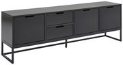 Schwarzes TV-Lowboard mit vier Türen und zwei Schubladen, seitliche Perspektive