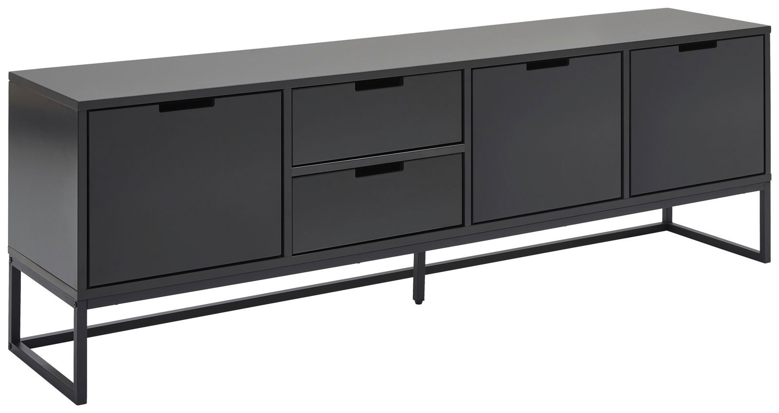 Novel TV-Lowboard KUNO Schwarzes TV-Lowboard mit vier Türen und zwei Schubladen, seitliche Perspektive