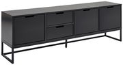 Schwarzes TV-Lowboard mit vier Türen und zwei Schubladen, seitliche Perspektive