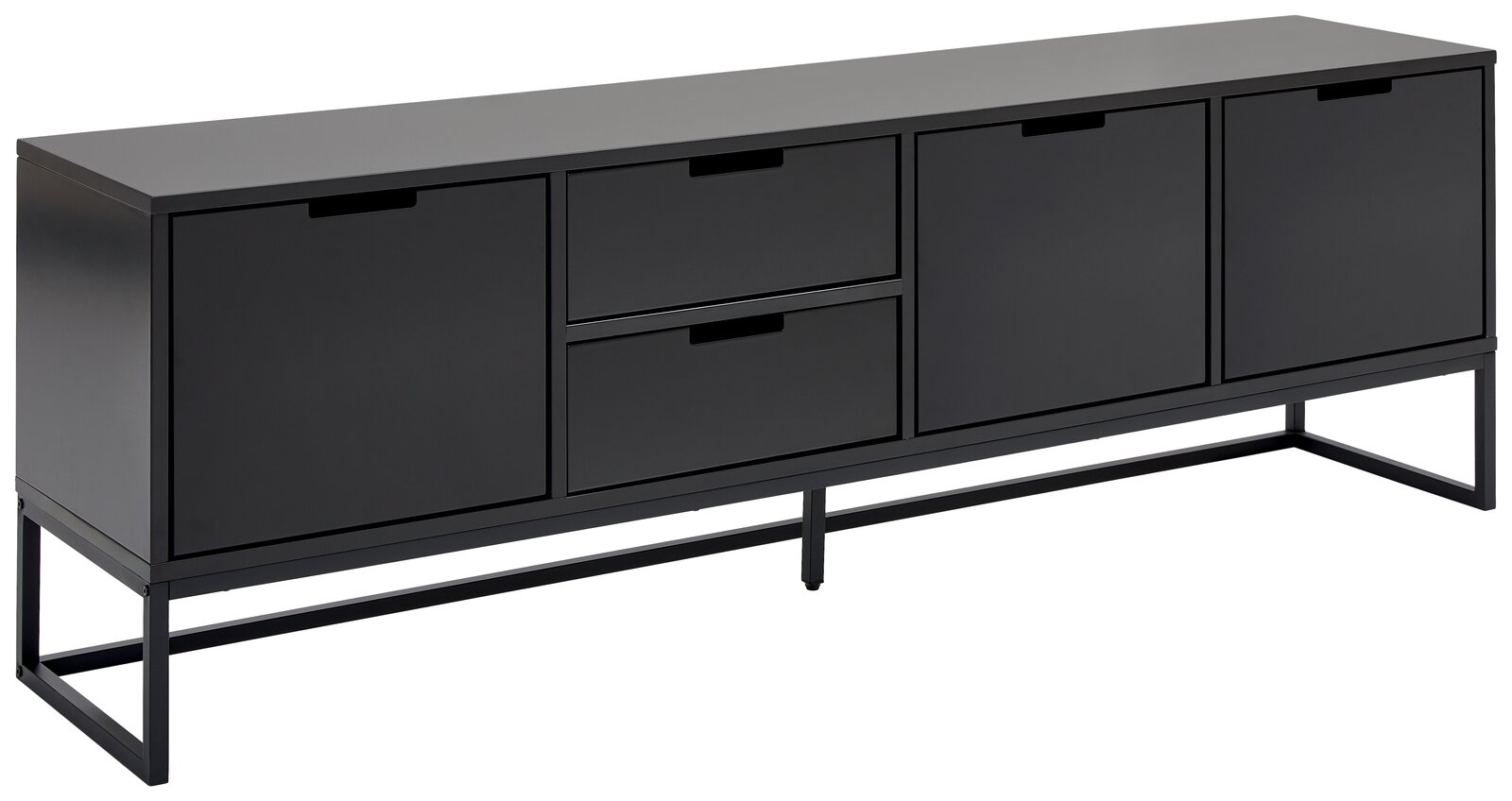 Schwarzes TV-Lowboard mit vier Türen und zwei Schubladen, seitliche Perspektive