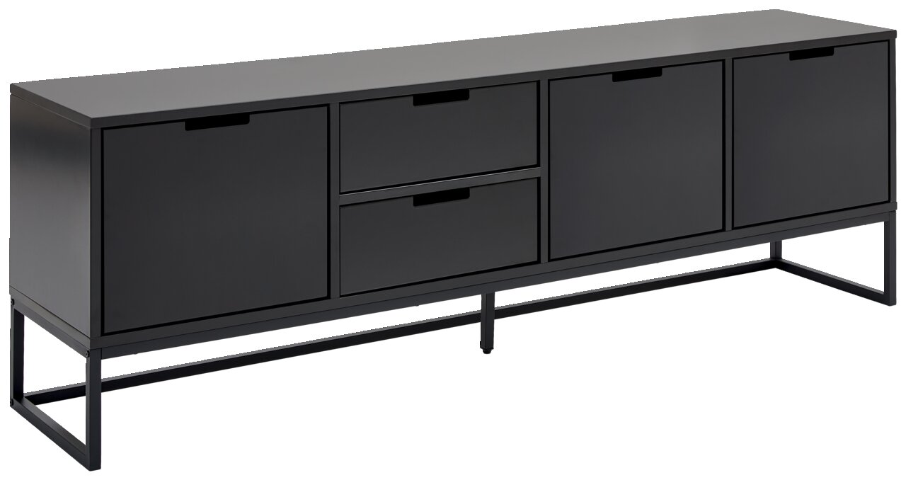 Novel TV-Lowboard KUNO Schwarzes TV-Lowboard mit vier Türen und zwei Schubladen, seitliche Perspektive