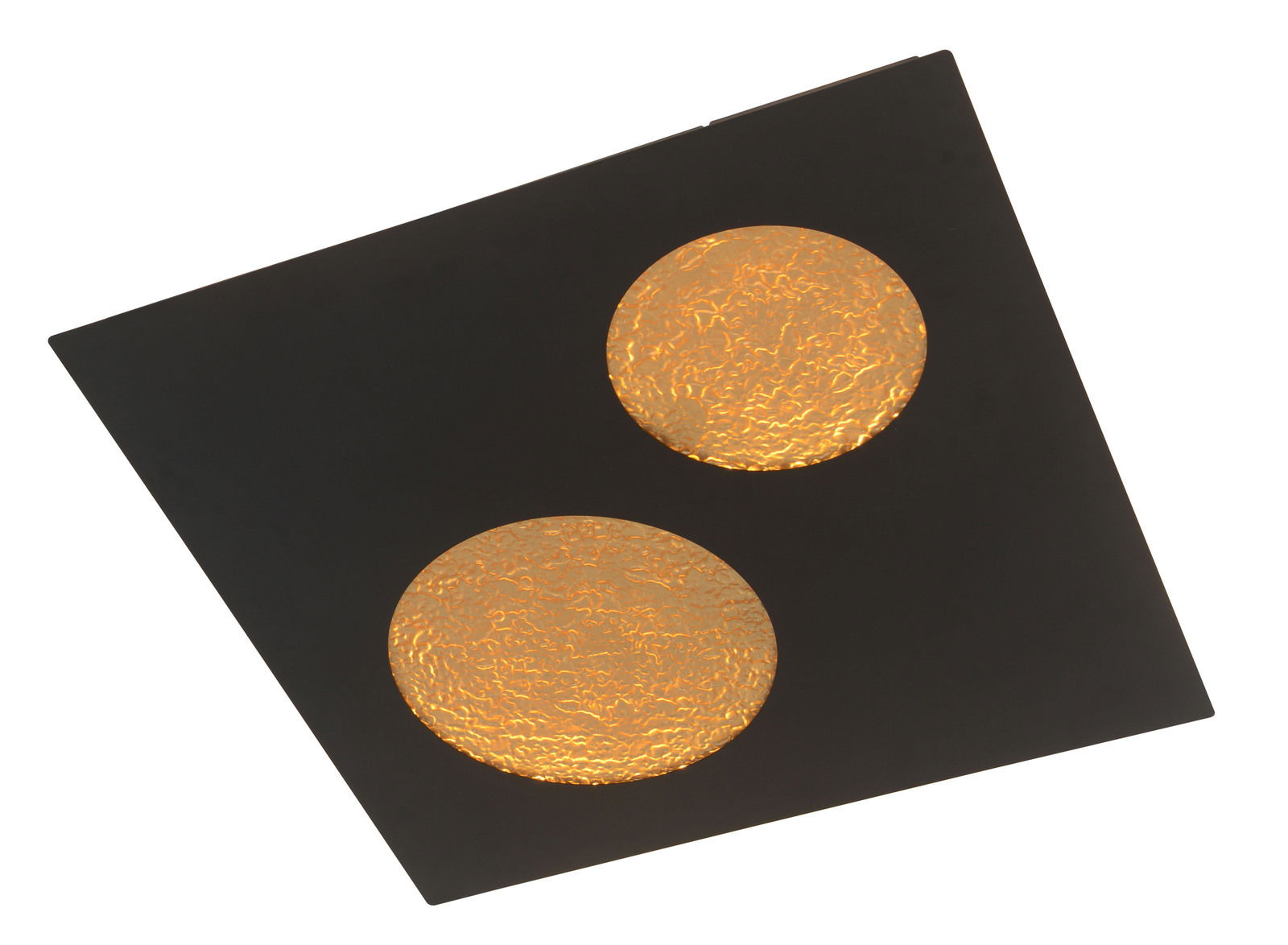 Schwarze LED-Wandleuchte mit zwei leuchtenden, strukturierten Kreisen, schräg von oben betrachtet.