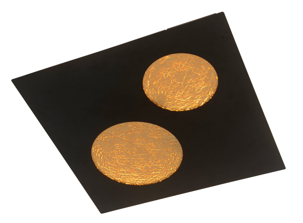 Schwarze LED-Wandleuchte mit zwei leuchtenden, strukturierten Kreisen, schräg von oben betrachtet.