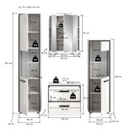 Badezimmermöbel-Set in Weiß mit grauen Akzenten: hoher Hochschrank, Spiegelschrank, Unterschrank und Midischrank mit Maßangaben; Ansicht frontal und teils mit geöffneten Türen (Front- und Innenansicht).
