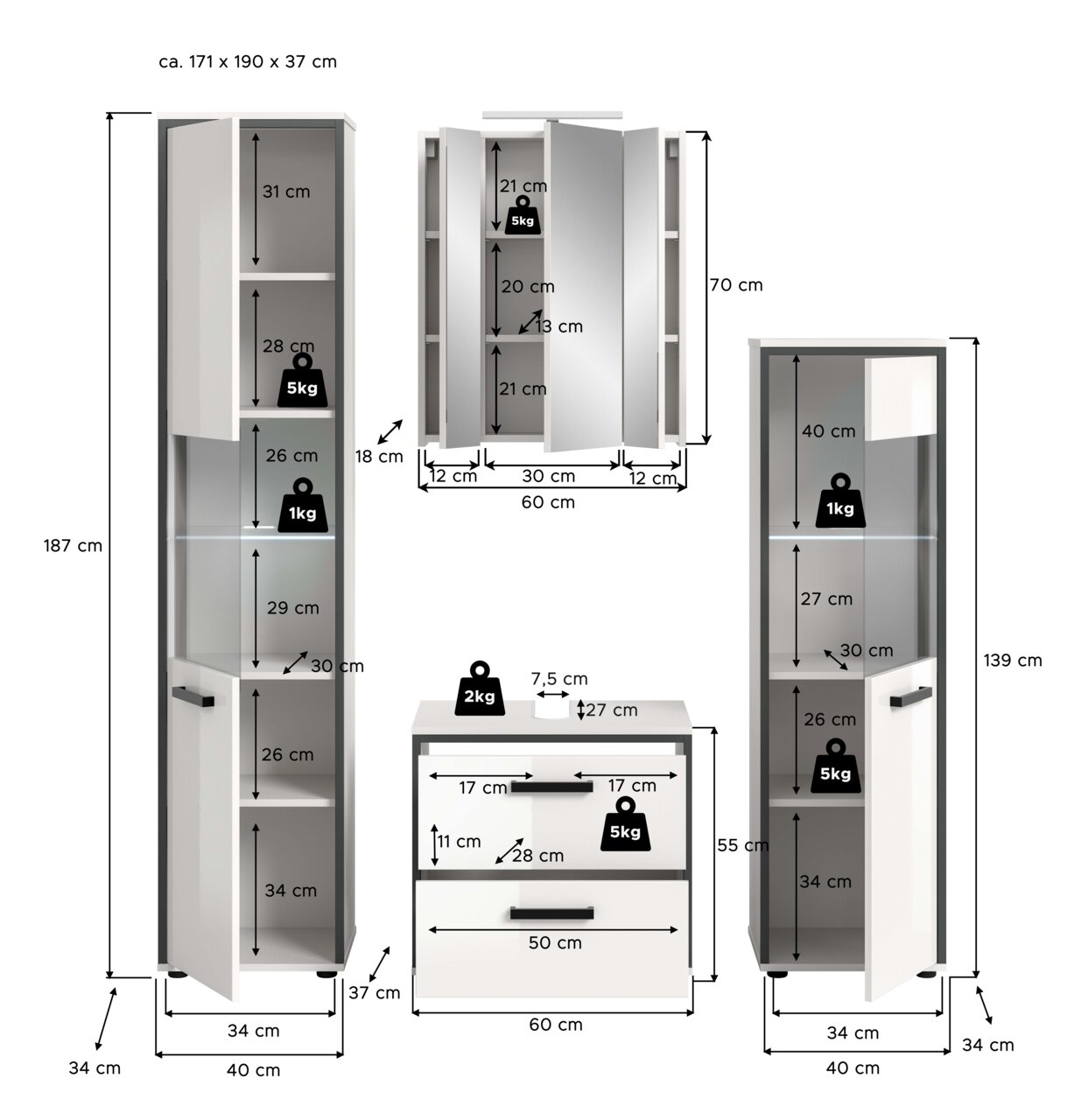 Badezimmermöbel-Set in Weiß mit grauen Akzenten: hoher Hochschrank, Spiegelschrank, Unterschrank und Midischrank mit Maßangaben; Ansicht frontal und teils mit geöffneten Türen (Front- und Innenansicht).