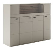 Modernes Sideboard/Kommode in Beige-Grau mit mehreren Türen und schwarzen Griffen sowie mittlerem Holz-Element, gezeigt in frontaler Ansicht mit leichter Perspektive von links vor weißem Hintergrund