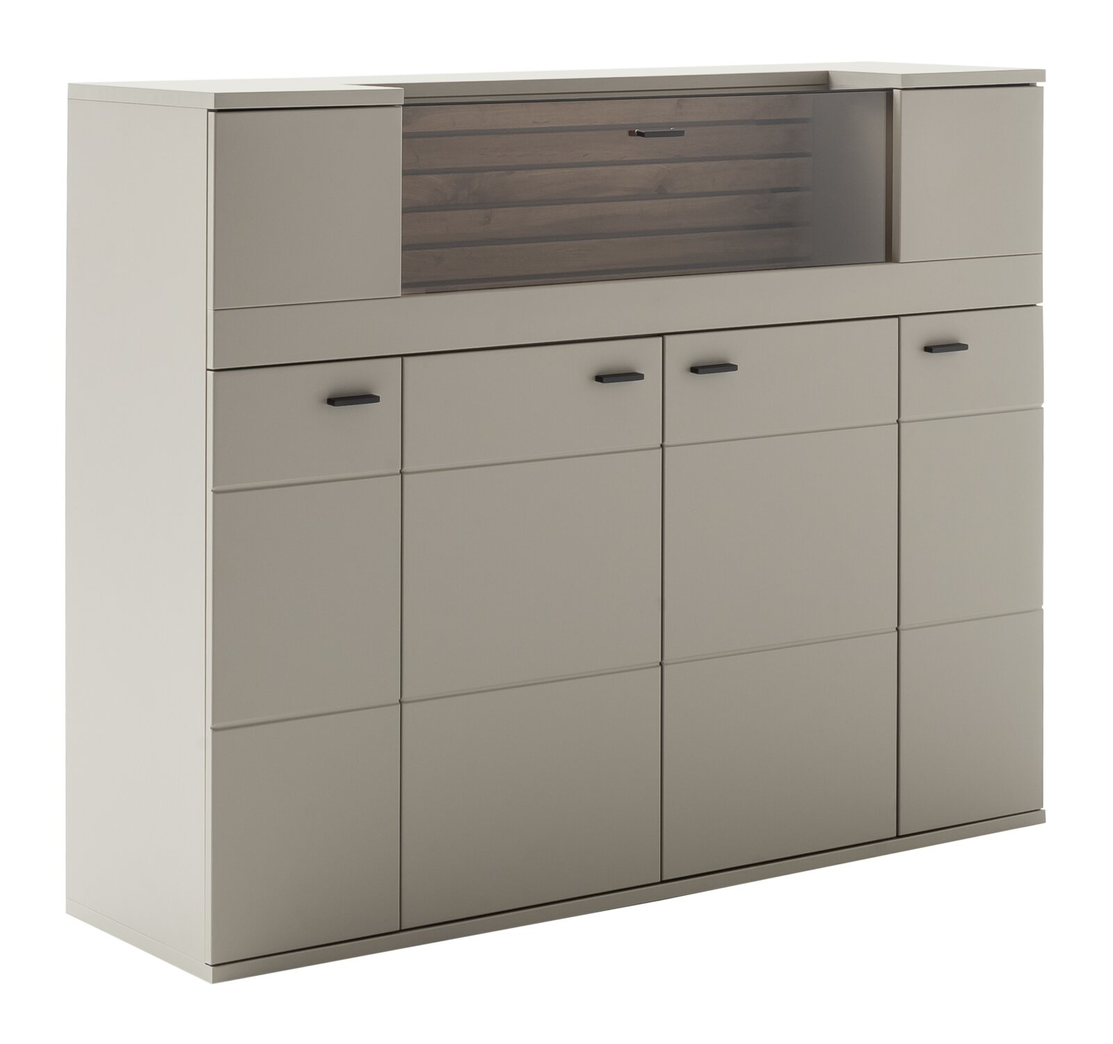 Zurbrüggen Hoogkast LÜTTICH Modern dressoir/commode in beige-grijs met meerdere deuren en zwarte handgrepen, evenals een houten element in het midden, afgebeeld in vooraanzicht met een licht perspectief van links tegen een witte achtergrond