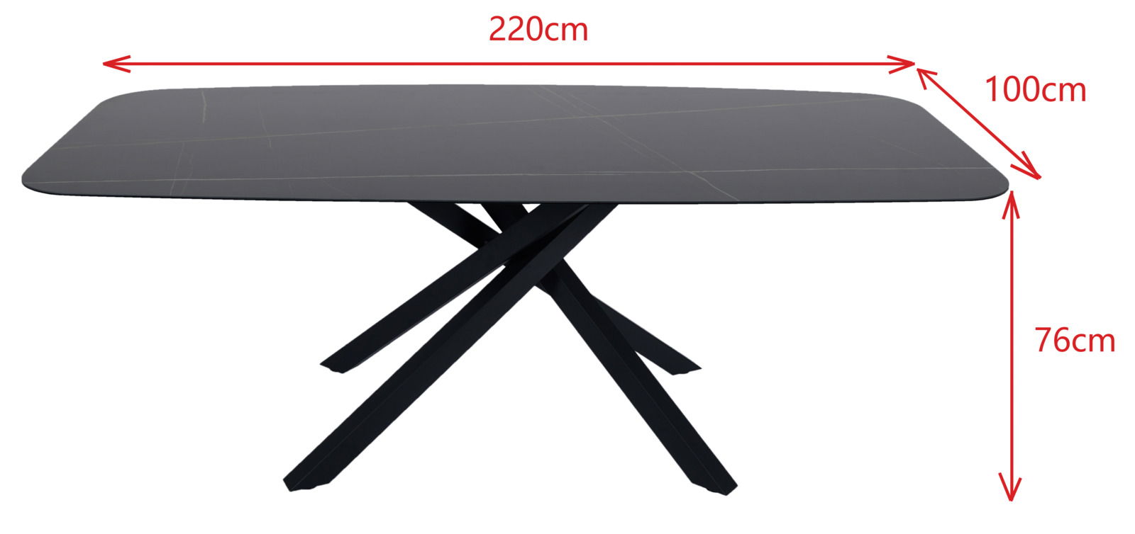 Moderner Esstisch mit schwarzer Tischplatte und gekreuzten Beinen, seitliche Perspektive, Maße: 220cm x 100cm x 76cm