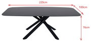 Moderner Esstisch mit schwarzer Tischplatte und gekreuzten Beinen, seitliche Perspektive, Maße: 220cm x 100cm x 76cm