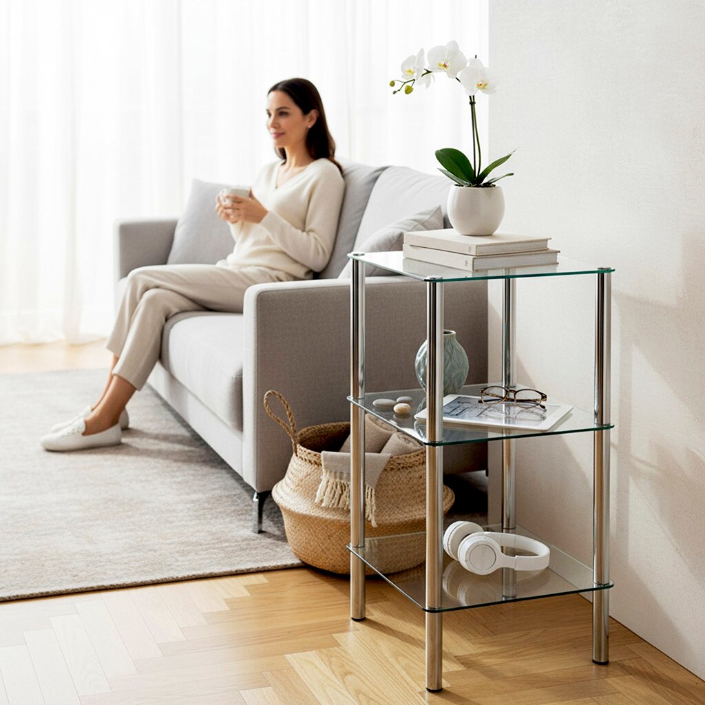 Modernes Glas-Regal/Beistelltisch mit drei transparenten Glasböden und verchromten Metallstützen neben einem grauen Sofa im hellen Wohnzimmer, perspektivisch in leichter Seitenansicht von vorn rechts
