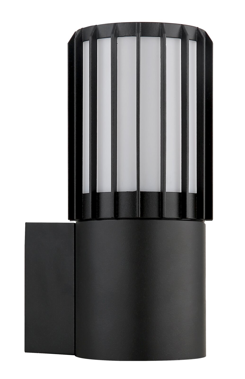Zwarte, cilindervormige buitenwandlamp met opale diffuser en verticale steunen, vooraanzicht
