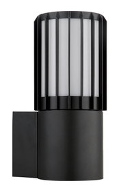 Zwarte, cilindervormige buitenwandlamp met opale diffuser en verticale steunen, vooraanzicht