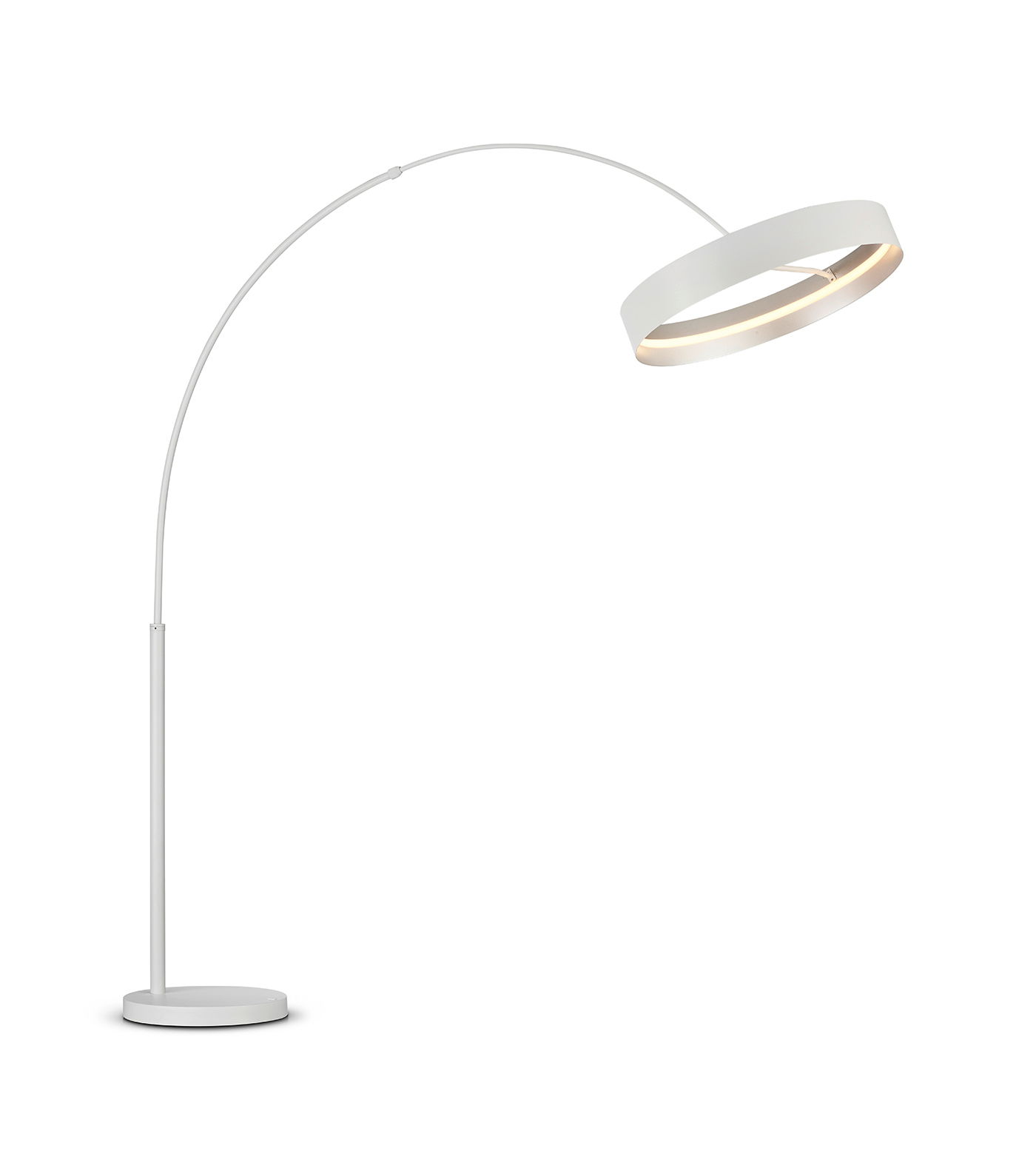 Moderne Stehleuchte LOOP von Musterring in seitlicher Perspektive mit gebogenem Arm und rundem Lampenschirm.