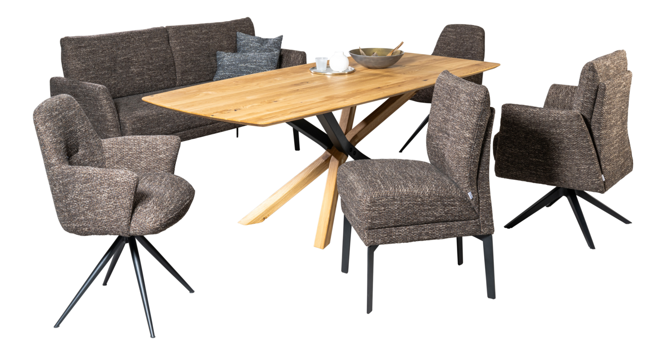 Moderano Stuhl SINGAPUR Essgruppe mit Holztisch und gepolsterten Stühlen in Vorderansicht