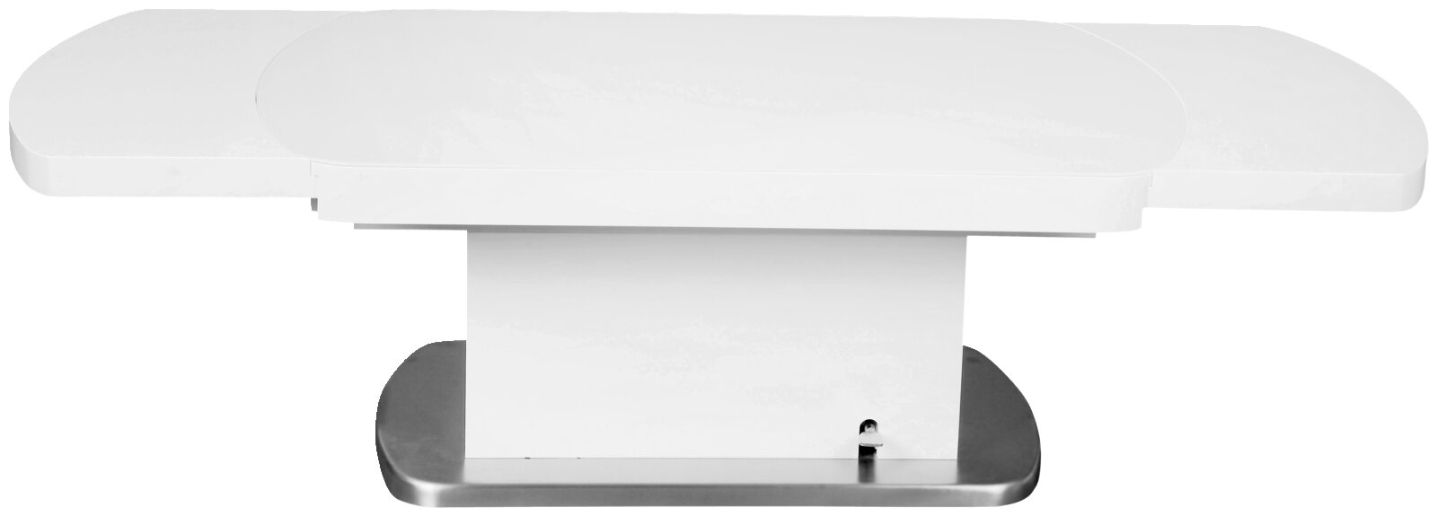 Moderner weißer Couchtisch mit ausziehbaren Seiten, Ansicht von vorne.