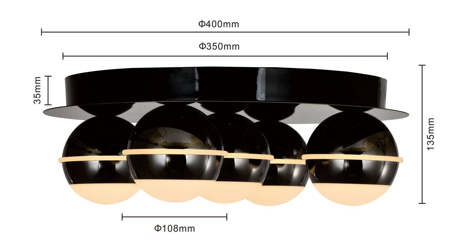 Moderne LED-Deckenleuchte mit schwarzem Gehäuse und mehreren kugelförmigen Leuchtelementen, seitliche Perspektive