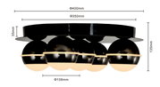 Moderne led-plafondlamp met zwarte behuizing en meerdere bolvormige lichtelementen, zijaanzicht