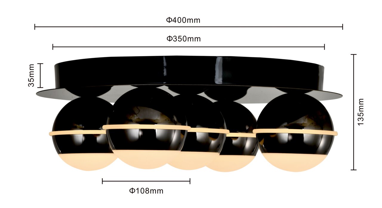 Moderne led-plafondlamp met zwarte behuizing en meerdere bolvormige lichtelementen, zijaanzicht