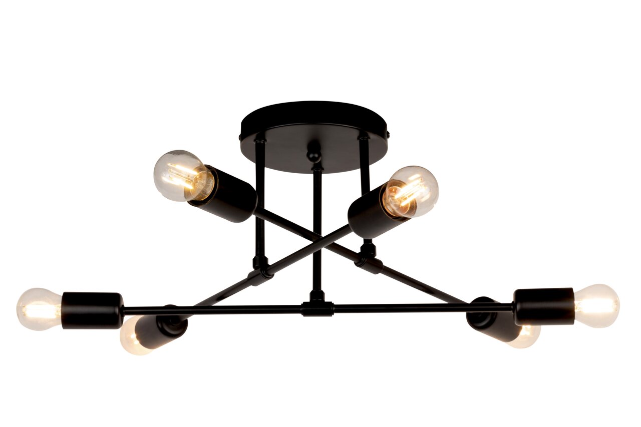 Moderne zwarte plafondlamp met zes lampen, zijaanzicht
