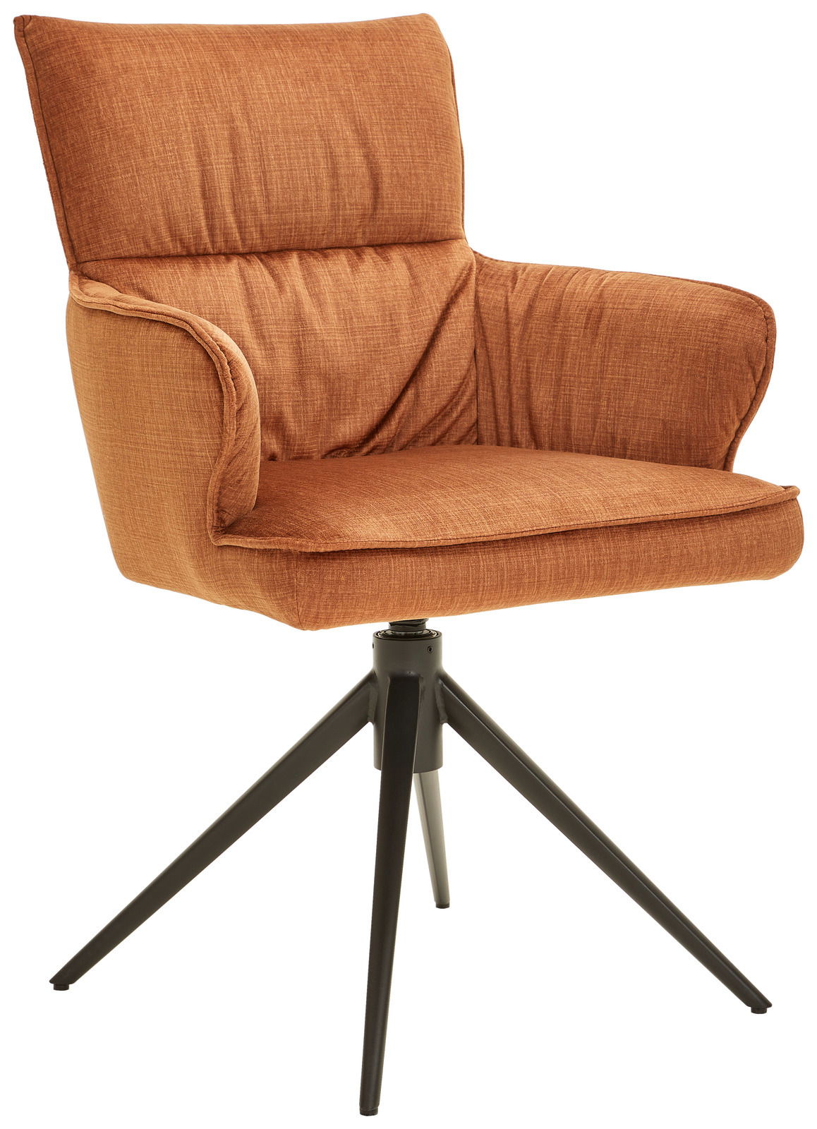 Moderner Armlehnstuhl in warmem Orange mit gepolstertem Sitz und schwarzem Metallgestell, seitliche Perspektive