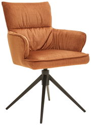 Moderner Armlehnstuhl in warmem Orange mit gepolstertem Sitz und schwarzem Metallgestell, seitliche Perspektive