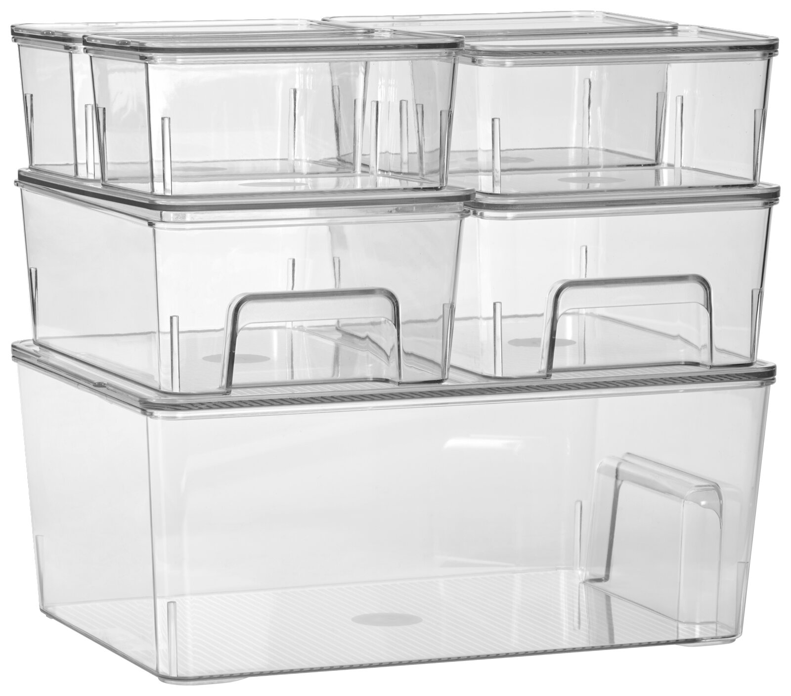 Homeware Organizer, 7-delig Doorzichtige 7-delige organizer van kunststof, gestapeld in een licht zijdelings perspectief.