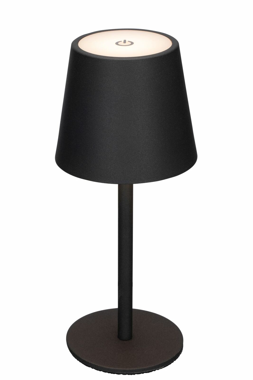Schwarze Akku-Tischleuchte mit rundem Sockel und konischem Schirm, Ansicht von vorne