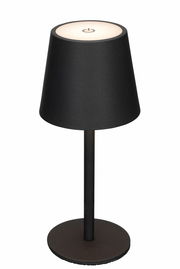 Schwarze Akku-Tischleuchte mit rundem Sockel und konischem Schirm, Ansicht von vorne