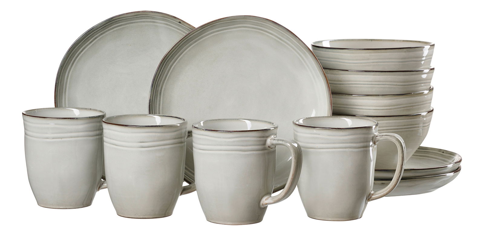 Frontalansicht eines 12-teiligen Frühstückssets mit Tassen, Tellern und Schalen in schlichtem, elegantem Design.