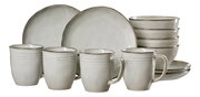 Frontalansicht eines 12-teiligen Frühstückssets mit Tassen, Tellern und Schalen in schlichtem, elegantem Design.
