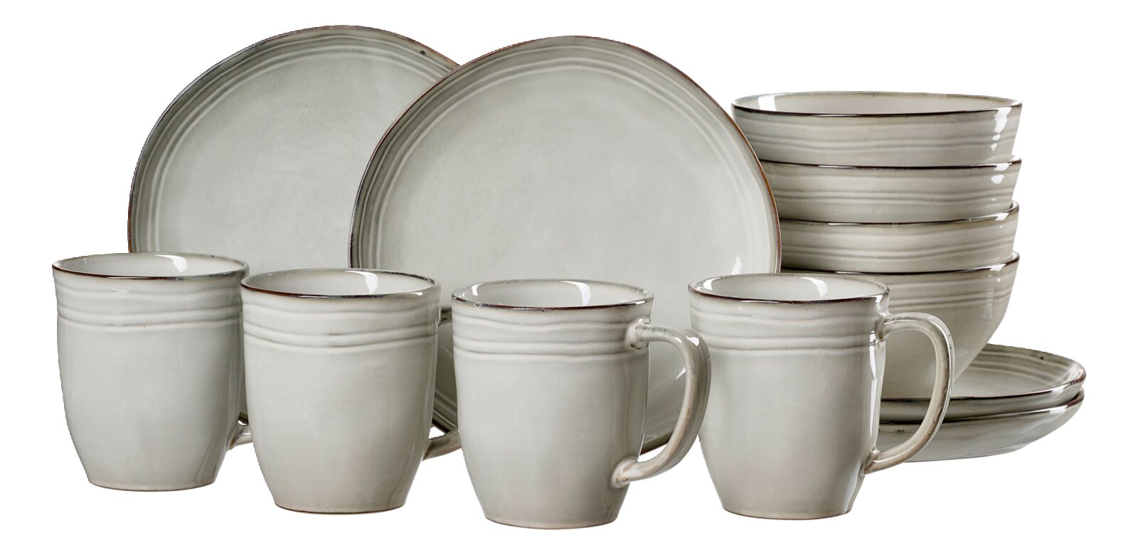 Frontalansicht eines 12-teiligen Frühstückssets mit Tassen, Tellern und Schalen in schlichtem, elegantem Design.