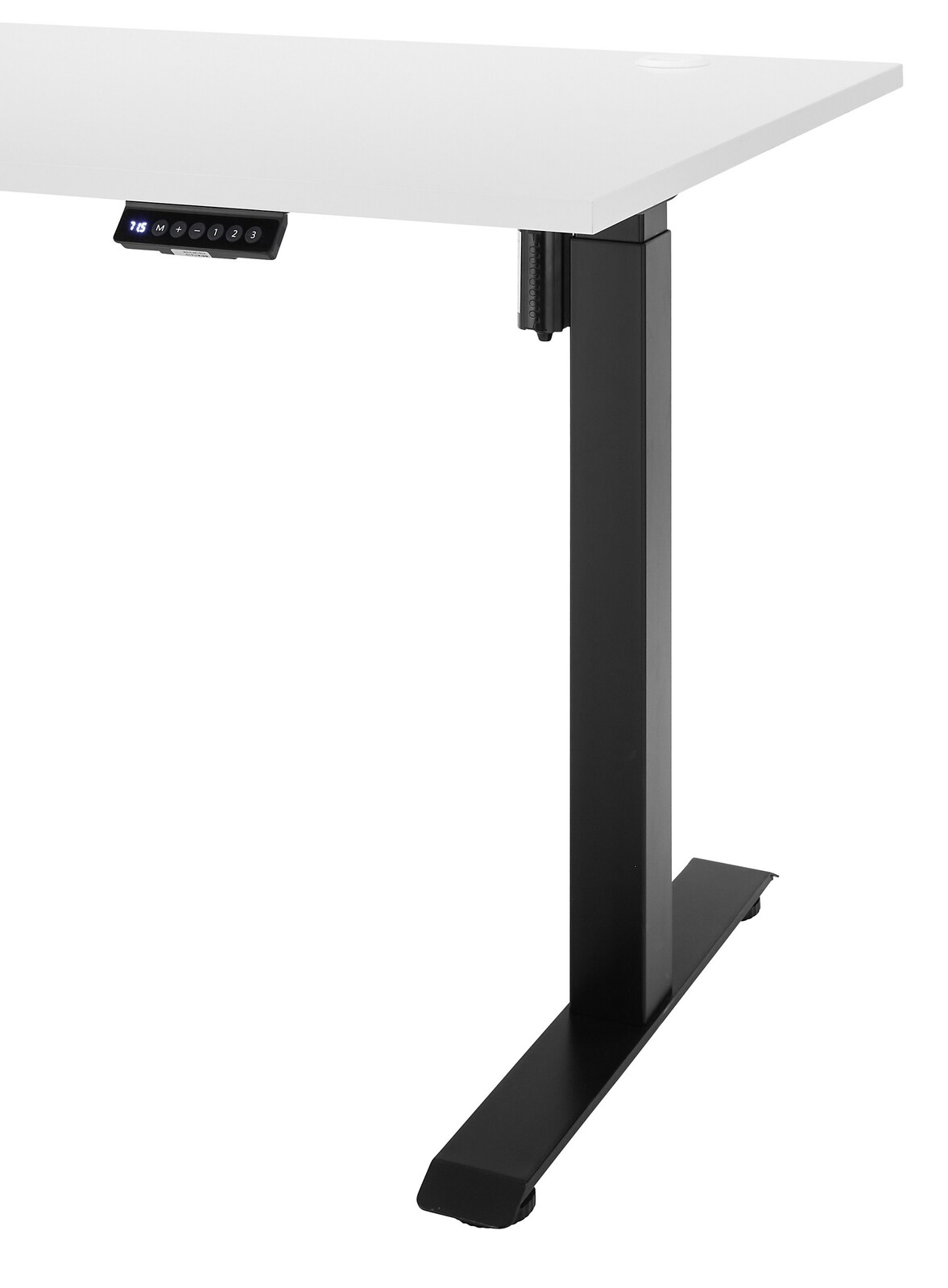 Elektrisch höhenverstellbarer Schreibtisch mit weißer Tischplatte und schwarzem Gestell, seitliche Perspektive