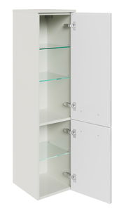 Weißer Midischrank mit zwei geöffneten Türen und Glasböden, seitliche Perspektive