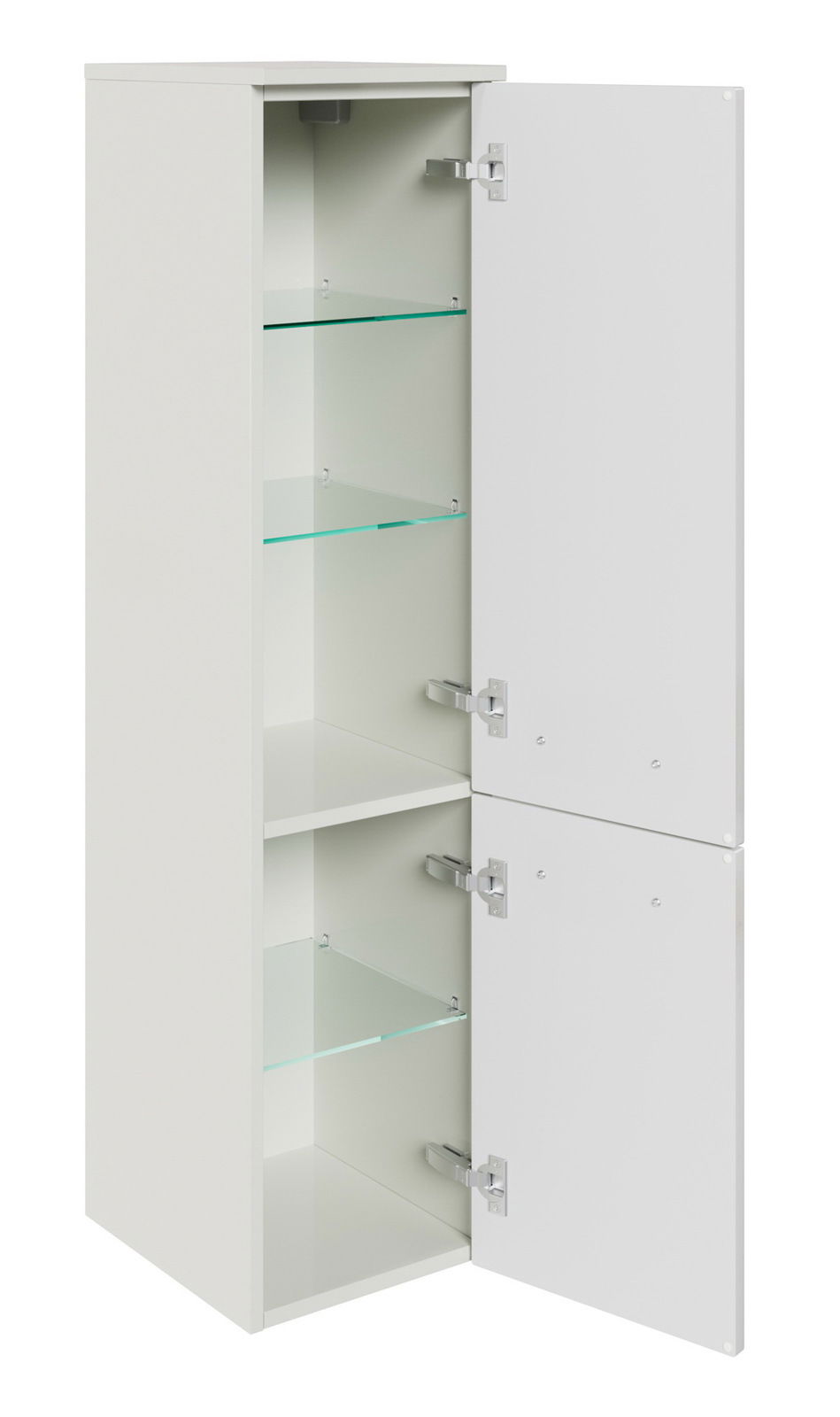 Weißer Midischrank mit zwei geöffneten Türen und Glasböden, seitliche Perspektive