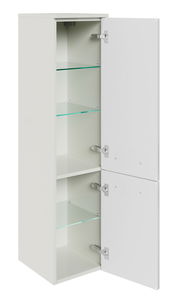 Weißer Midischrank mit zwei geöffneten Türen und Glasböden, seitliche Perspektive