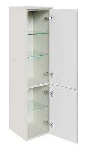 Weißer Midischrank mit zwei geöffneten Türen und Glasböden, seitliche Perspektive