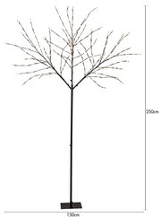 Schwarzer LED-Lichtbaum mit warmweißen Lichtern auf Metallfuß, freistehend vor weißem Hintergrund, Frontansicht; ca. 250 cm hoch und 150 cm breit.
