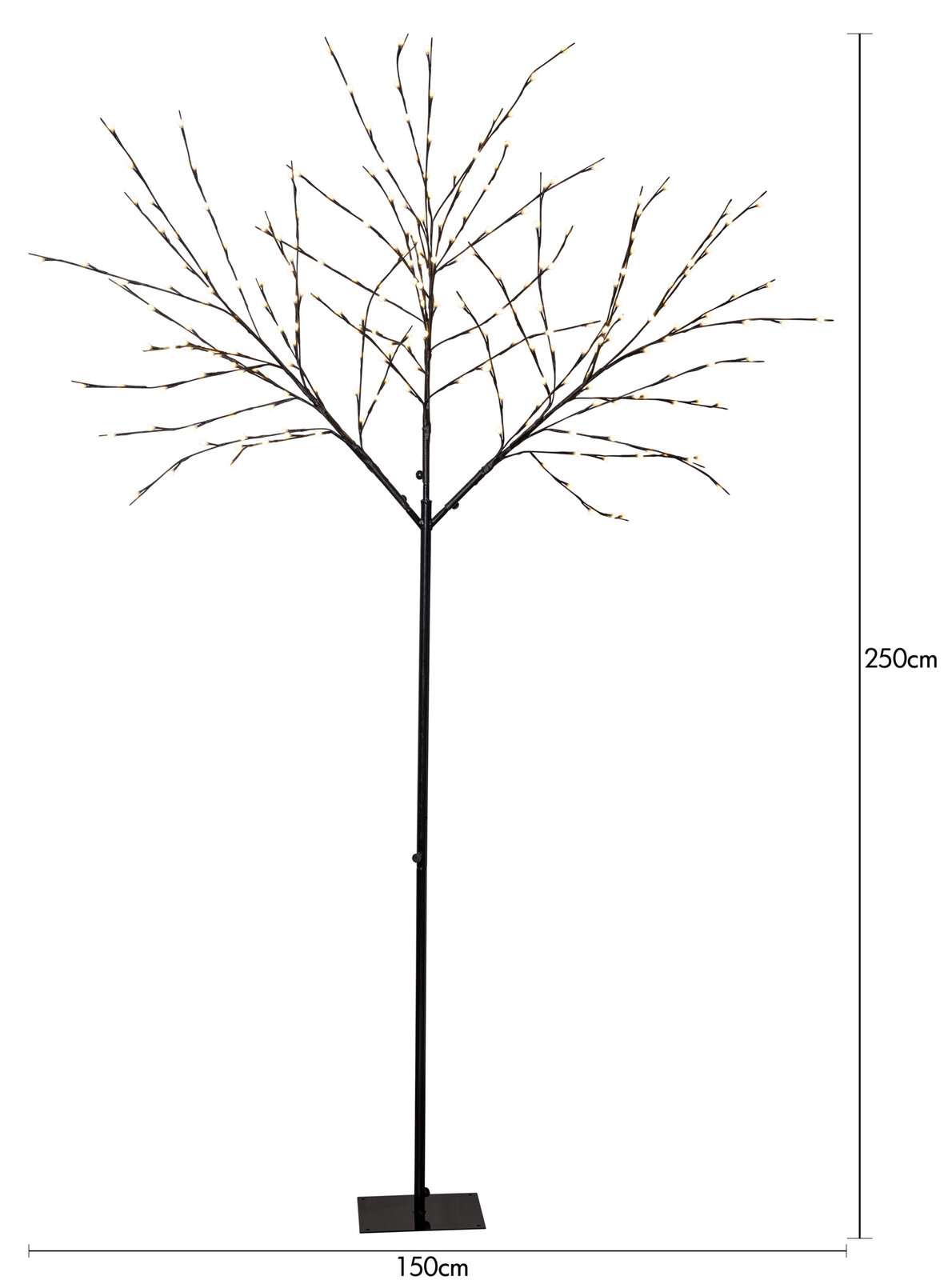Schwarzer LED-Lichtbaum mit warmweißen Lichtern auf Metallfuß, freistehend vor weißem Hintergrund, Frontansicht; ca. 250 cm hoch und 150 cm breit.