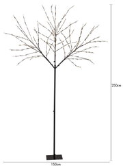 Schwarzer LED-Lichtbaum mit warmweißen Lichtern auf Metallfuß, freistehend vor weißem Hintergrund, Frontansicht; ca. 250 cm hoch und 150 cm breit.