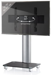 Schwenkbarer TV-Standfuß mit silberner Säule und schwarzer Glasbodenplatte, geeignet für 32–70 Zoll (81–177 cm) Fernseher, Frontansicht.